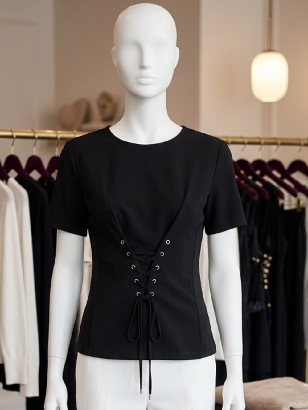 Ellen Tracy Black Lace-Up Short Sleeve Top